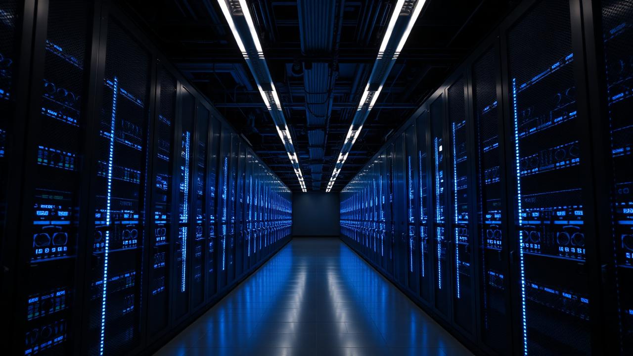 Corredor de datacenter com bastidores iluminados