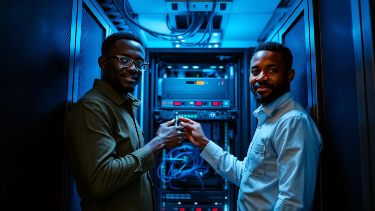 Engenheiros da VINET a instalar equipamento num bastidor